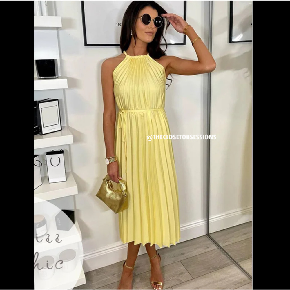 Mango NWT Butter Yellow Pleated Halter Midi Dress 8 - Picture 15 of 16